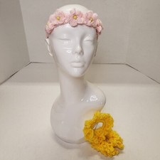 Woman's Handmade Crochet 2 Scrunchies and Headband Flower Light Pink  Yellow