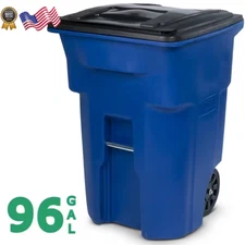 96 Gallon Blue Outdoor Trash Can/Garbage Can with Quiet Wheels and Attached Lid