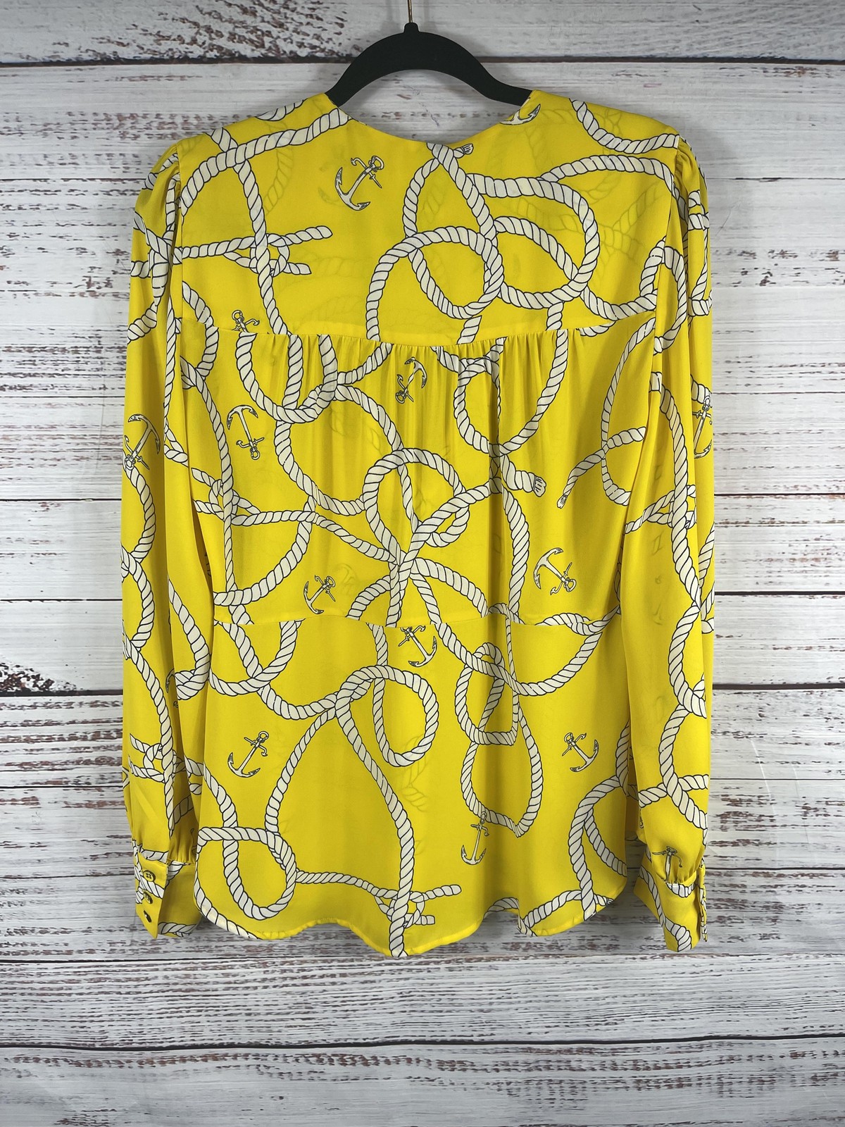 Cabi Blouse Womens Medium Yellow Nautical Rope Anchor Print Long Sleeve Top