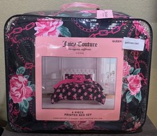Juicy Couture Black w/Pink Chains & Roses QUEEN 4pc Set Comforter, Shams, Pillow