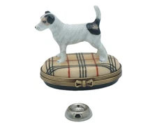 New French Limoges Trinket Box Cute Jack Russell Terrier Dog Puppy w Doggy Dish