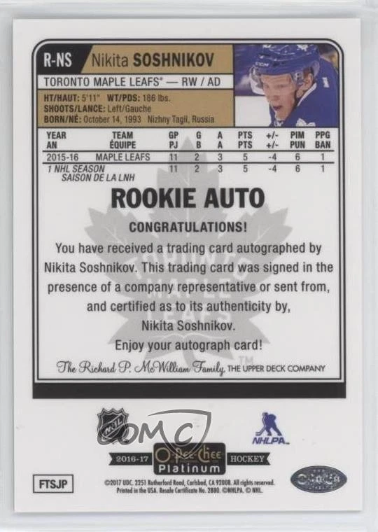 2016-17 O-Pee-Chee Platinum Rookie Auto Nikita Soshnikov #R-NS Auto RC - Image 2 of 2