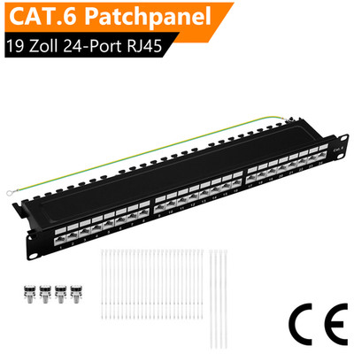 CAT6 Patchpanel 24 Port Netzwerk Verteilerfeld geschirmt LSA Rackeinbau Schwarz
