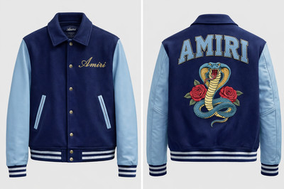 Amiri Style Blue Varsity Jacket Wool & Leather Sleeves Cobra Embroidered
