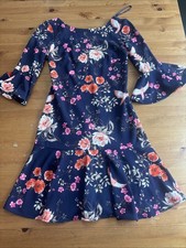 Birds & Floral Pattern Bell Sleeve Flounce Ruffle Hem Dress sz 4