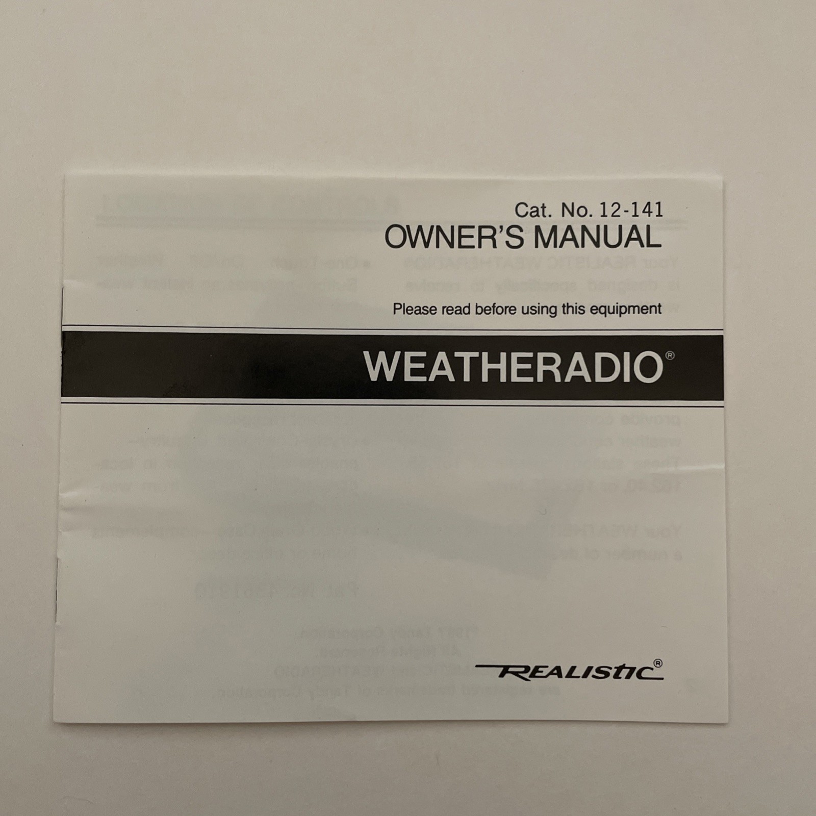 Original Realistic Radio Shack Owner's Manual Cat No 12-141  Weatheradio 1987