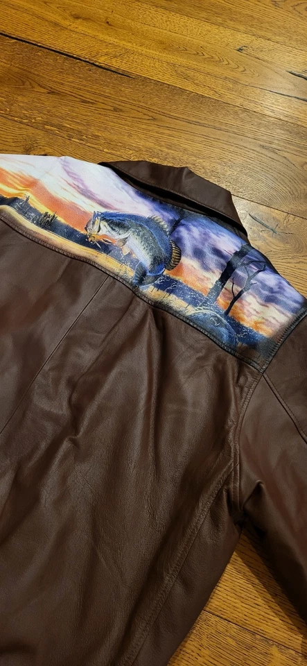 Chaqueta de bombardero de cuero genuino para pesca de lubina Bradford Exchange bordada para hombre XL Foto 2 de 4