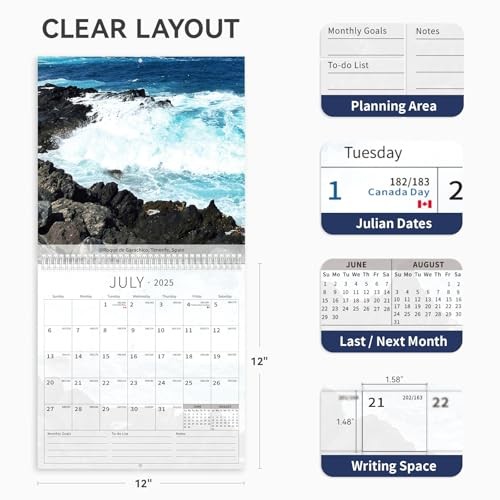 Wall Calendar 2025-2026 Spiral 12'' x 12'' Beach Calendar 2025 Monthly Wall - Picture 4 of 7