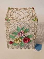 White Metal Wire Square Tissue Box Cover Floral Design Shabby Cottagecore