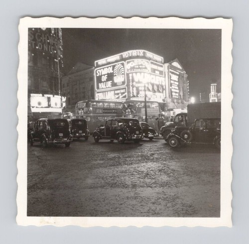 Old B&W Photo Piccadilly Circus Lights Black Cabs Buses