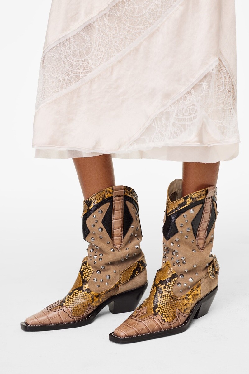 Zara Women Studded Leather Heeled Cowboy Boots Brown 1924