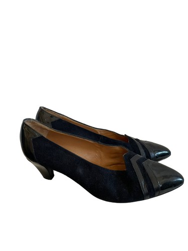 Bally Vintage 80s Elegant Black Suede Patent Leather Heels Size 6 1/2 US 8,5 - Picture 2 of 6