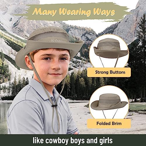 Kids Sun Hat Outdoor UPF 50+ Boys Sun Hat Wide Brim 5-13 Years 1pc Dark Khaki - Afbeelding 2 van 7