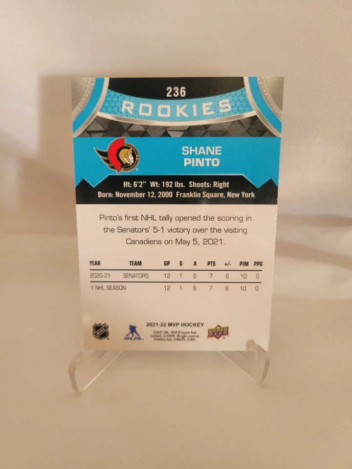 Shane Pinto 2021-22 Upper Deck MVP ' Rookies ' Parallel Card #236 - Image 2 of 2