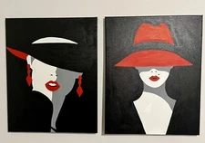 2 Paintings WOMAN  WITH HAT Hand painted art canvas 16”X20”Acrylic painting Each