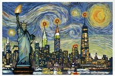 New York NY Skyline as Van Gogh Starry Night, Statue of Liberty etc. -- Postcard