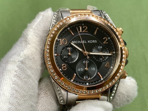 Michael Kors MK6093 Chrono Black Dial Crystals Two-Tone Band Womens Quartz Watch - Picture 2 of 19