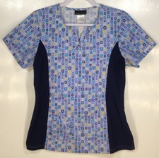 Scrub Top womens size S Small by Cherokee blue geometric shapes Comfort Panels