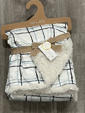 Lila  Jack Sherpa Baby Blanket White Blue Navy Plaid Lines Boys New