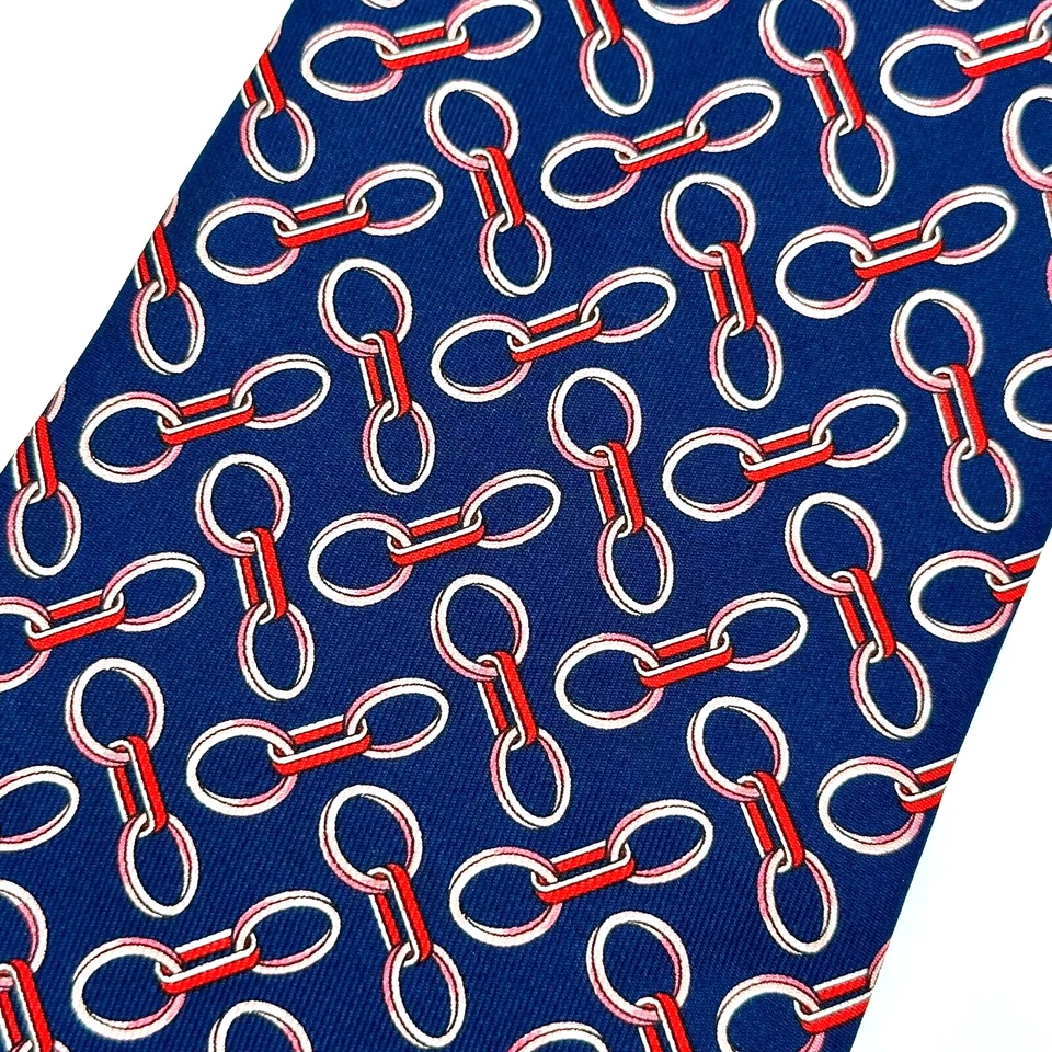 LONGCHAMP 领带男式蓝色红色链条几何丝绸意大利豪华领带 — 第 2/4 张图片