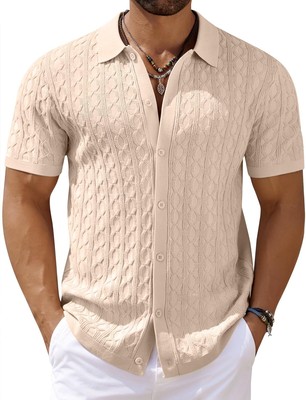 Men's Knit Short Sleeve Shirts Button Down Vintage Knitted Polo Shirt