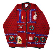 One of a Kind Shirley Duffy Wool Holiday Cardigan Vintage Red Sweater M