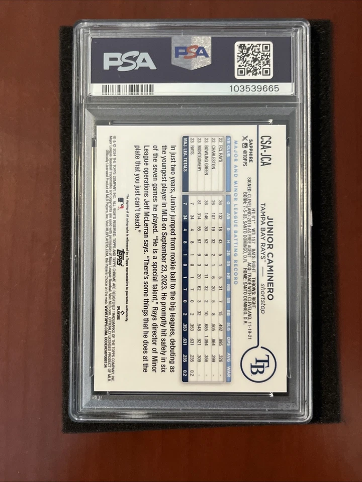 Junior Caminero 2024 Topps Chrome Sapphire Auto Green /99 RC Rookie PSA 9 - Image 3 of 3