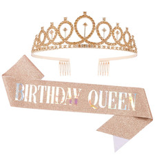 Champagne Gold Birthday Queen Crown and Sash Set - Rhinestone Tiara and Sash - W