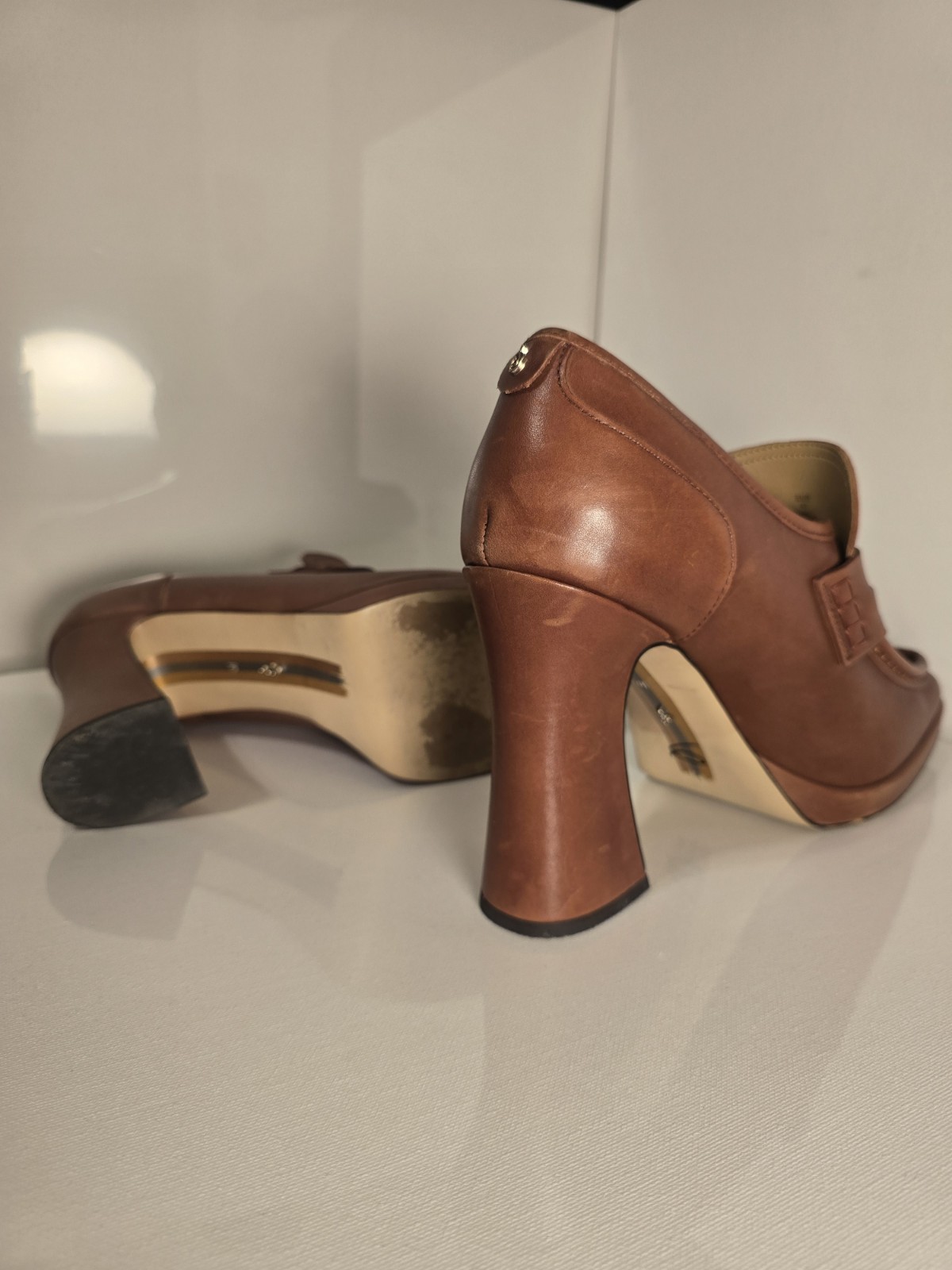 Brown Solid Leather Square Toe Block Heel Slip On… - image 4