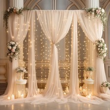 20ft x 10ft Champagne Backdrop Curtain W/ Lights String for Parties Sheer Tulle