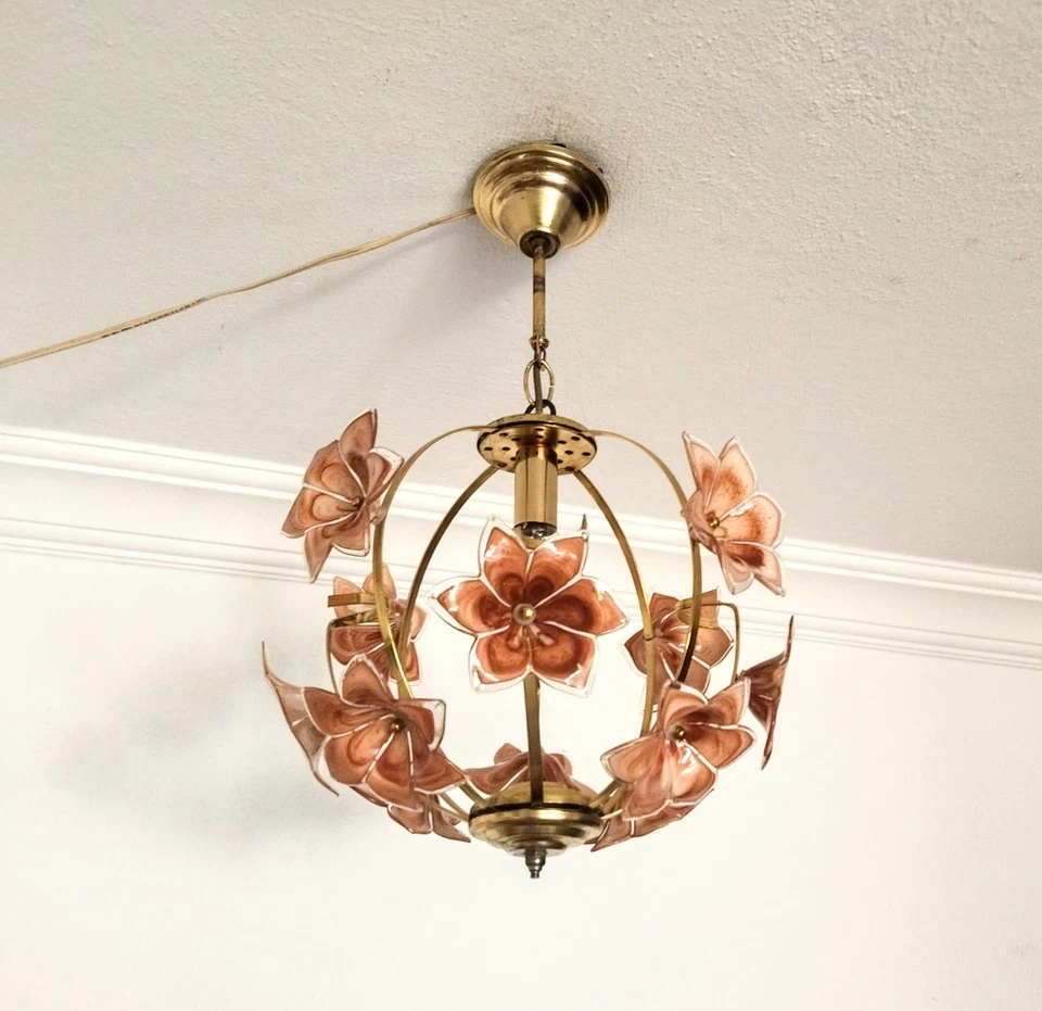 1980s Murano Vintage Chandelier Daisies Amber Floral Glass Romantic - Image 2 of 4