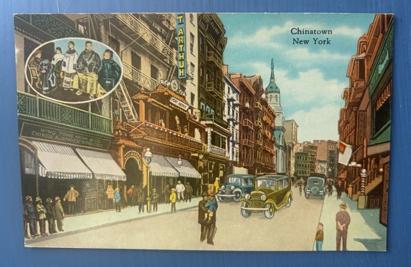 Chinatown New York Postcard ~ Artist View Mott Street ~ Buildings, Pedestrians