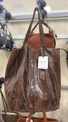 MARLON Italian Genuine Calf Leather Brown Snakeskin Tote Bag NWT 15.7” x 14.6”