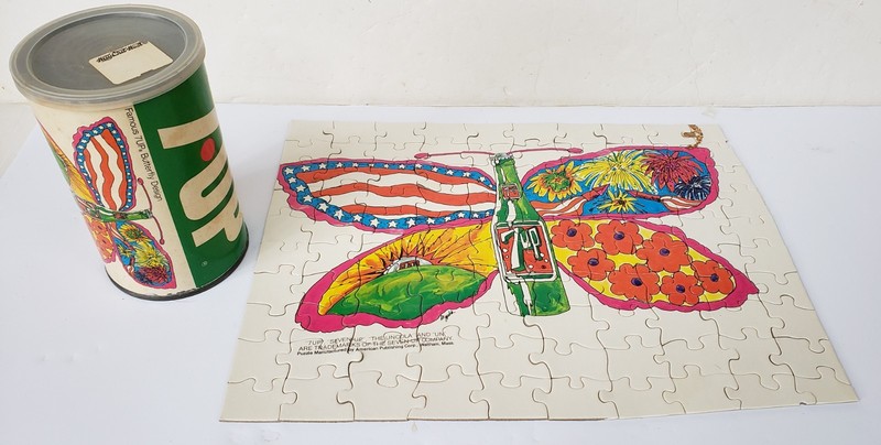 1960's 7UP PAT DYPOLD BUTTERFLY & BOTTLE 100 PIECE JIGSAW PUZZLE IN CAN, UNCOLA