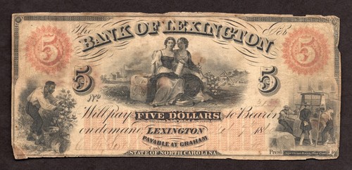 1860 $5 Bank of Lexington, North Carolina Obsolete Note - Circulated