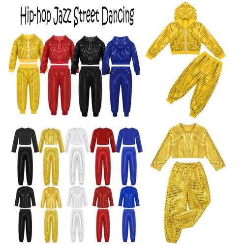 Girls Boys Sequins Street Hip Hop Jazz Performance Hooded Jacket Pants Outfits