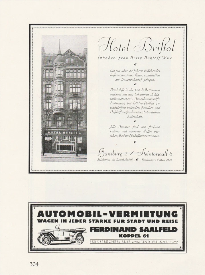 Hotel Continental Hotel Bristol Hamburg Original Reklame von 1926 - Bild 2 von 2