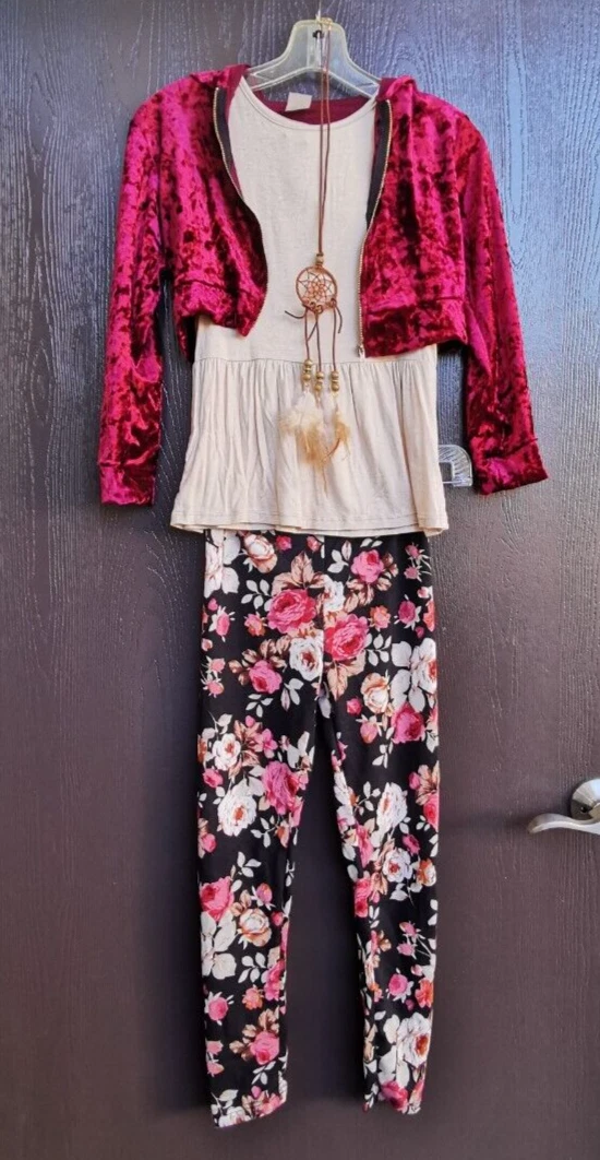 4 Pieces Girls Pant Set Jacket Tank Top Legging Necklace Clothing Set Size 10