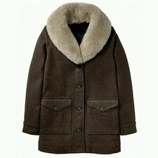 Women's Woolen Ladies Coat Faux Fur Collar Brown Winter Woolen Warm Pea Coat