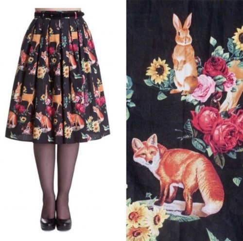 Hell Bunny Wonderland Forest Foxes Bunny’s Print Pleated Skirt Full Retro Cotton - Picture 1 of 10