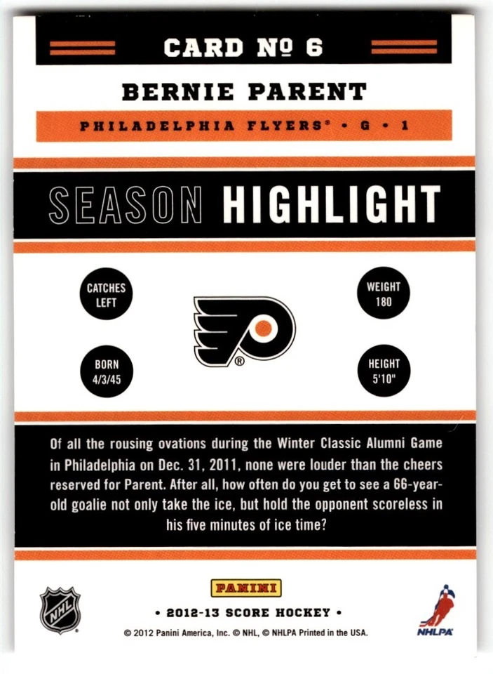 Bernie Parent 2012-13 Score Highlight #6 Philadelphia Flyers - Image 2 of 2