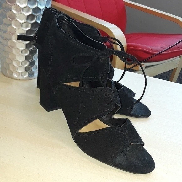 ❅�Botín Franco Sarto Peep Toe Mujer Talla 10 Negro Gamuza Tacones Con Cordones Zapatos Foto 4 de 4