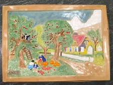 Vintage Chalkware Wall Hanging Art Apple Orchard Colonial Family Picking