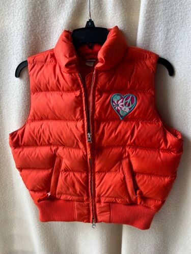 LUCKY BRAND down filled puffer vest in girl size S orange with heart peace patch - Picture 1 of 9