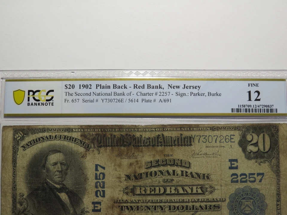 $20 1902 Red Bank New Jersey NJ National Currency Bank Note Bill #2257 F12 PCGS - Image 2 of 3