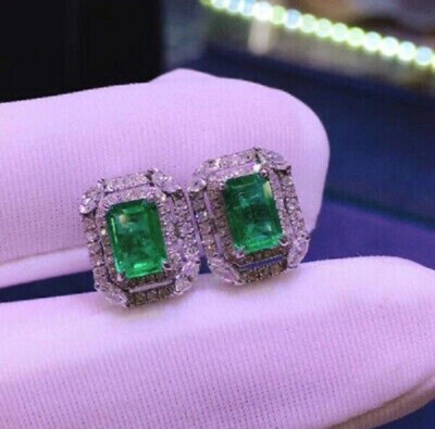 4Ct Lab Created Green Emerald Push Back Halo Stud Earrings 14K White Gold Over