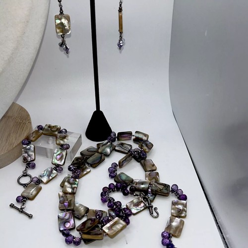 Artisan Abalone Amethyst Colors Sterling Parure Necklace Bracelet Earrings - Picture 2 of 13