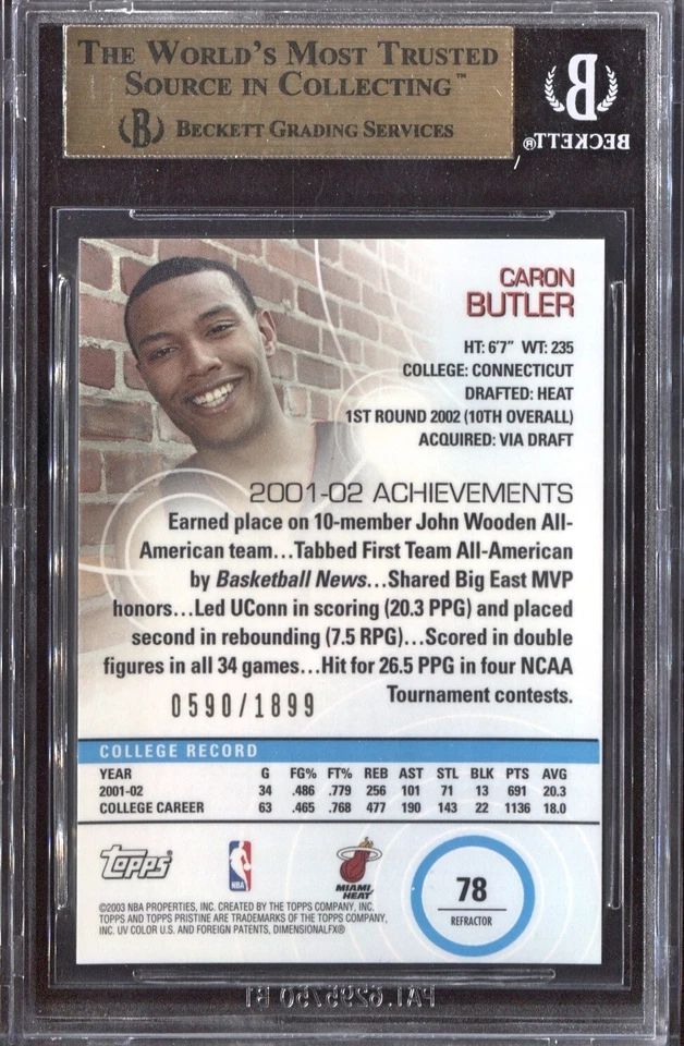 Caron Butler 2002-03 Topps Pristine Refractor # 78 Rookie RC BGS 9.5 - Image 2 of 2