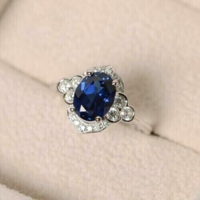 2Ct Oval Cut Simulated Blue Sapphire Pretty Wedding Ring 14K White Gold Plated