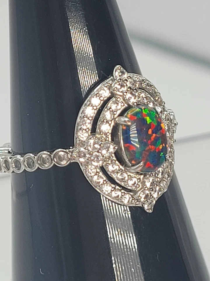 Ring Bomb Party Black Lab Fire Opal Ring Double Halo CZ Eternity Band Sz 9.5 - Image 3 of 4